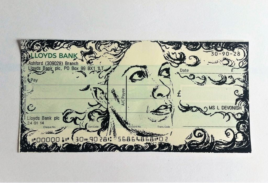 Foreign Exchange - "Promise" by Lee Devonish. Screen print on cheque, 2017.