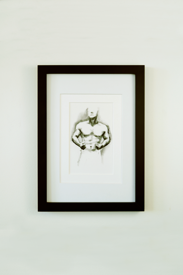 Muscle Study 5 by Lee Devonish. A charcoal drawing of a cropped male torso.