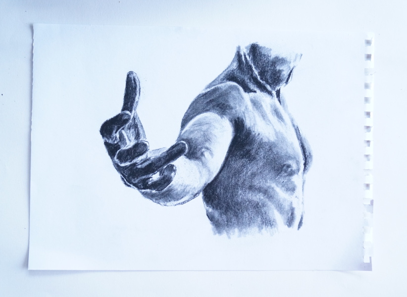 Charcoal figure drawing of man's hand reaching toward viewer | Lee Devonish