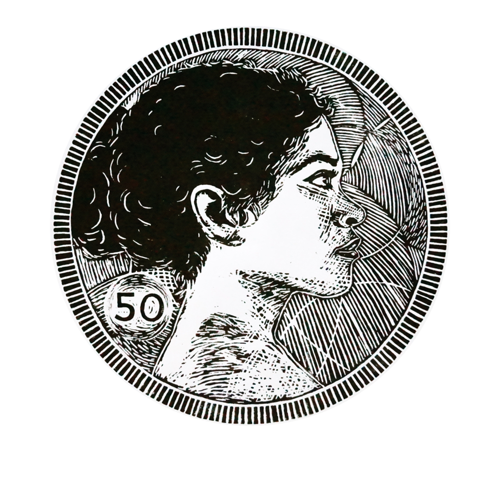 Fifty • woodblock coin print