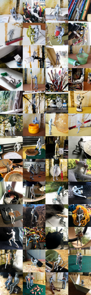 Studio Notes Collage - 52 square photographs in a single composite, each featuring a plastic poseable figure interacting in the art studio.
