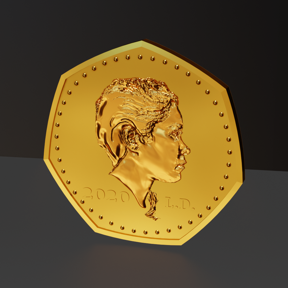 Render of gold coin with low relief portrait made with lithophane